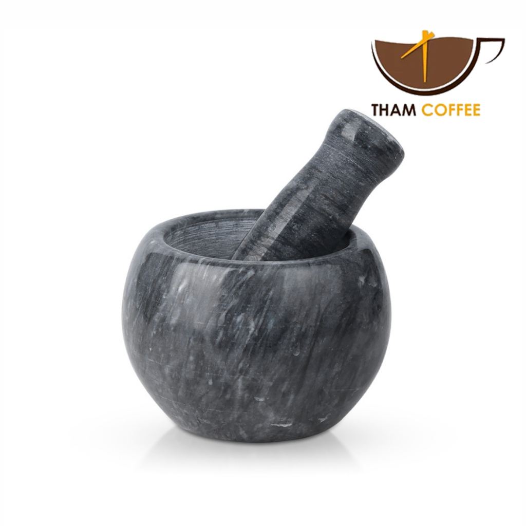 ครกหินพร้อมสาก ครกลายหินอ่อน ครกหินแท้ marble mortar ดีไซน์มินิมอล เนื้อหนา น้ำหนักดี ตำละเอียด ไม่ลื่นมือ Tham coffee