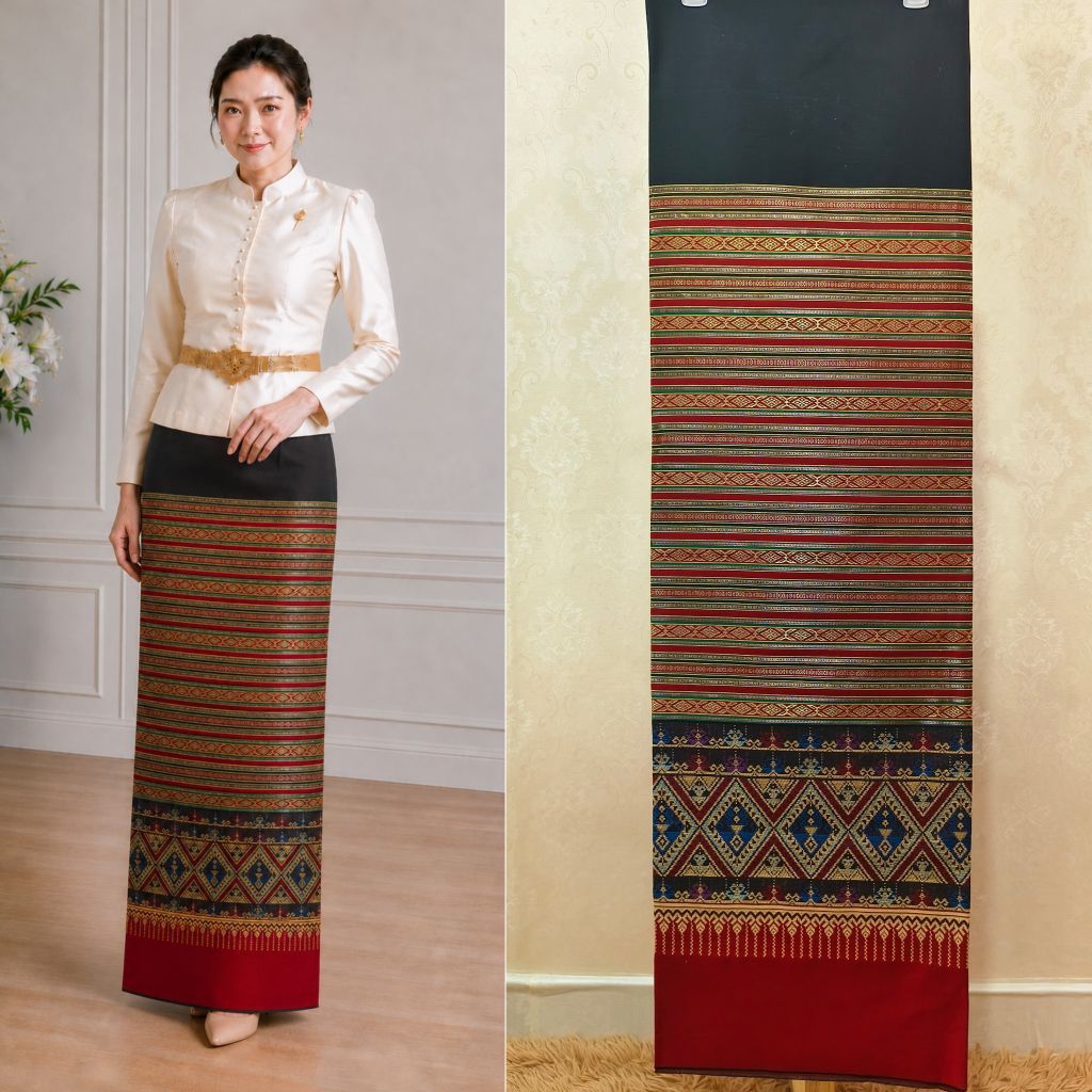 ผ้าฝ้ายลายไหมกาสะลอง ราชสำนักเชียงใหม่ สีดำแดง ผ้าทอลายไทย ตัดผ้าถุง 2 หลา