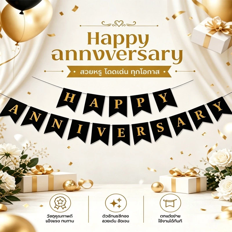 ส่งจากกรุงเทพ ธงราว Happy Anniversary ธงฉลองครบรอบ หลากสี หรูหรา ตกแต่งปาร์ตี้งานแต่ง ครบรอบคู่สมรส