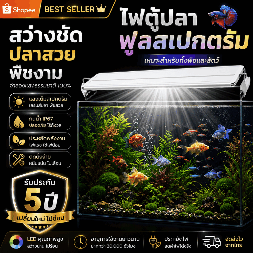 ประหยัดไฟ โคมไฟตู้ปลา LED ไฟ 3 อิน 1 เหมาะสำหรับตู้ปลา18-90ซม Aquarium Fish Tank Light