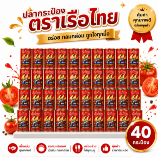 40 กระป๋อง - ตราเรือไทย สูตรปลาซาร์ดีนในซอสมะเขือเทศ