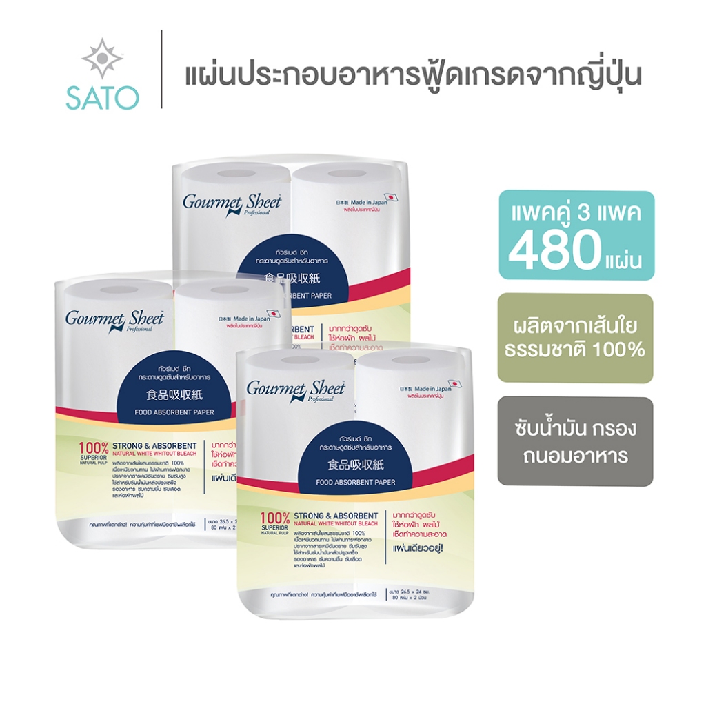 กระดาษห่อทุเรียน 3 แพค (6 ม้วน 480 แผ่น) กัวร์เมต์ ชีท กระดาษซับน้ำมัน ห่อผัก ผลไม้ เนื้อสัตว์ จากญี่ปุ่น