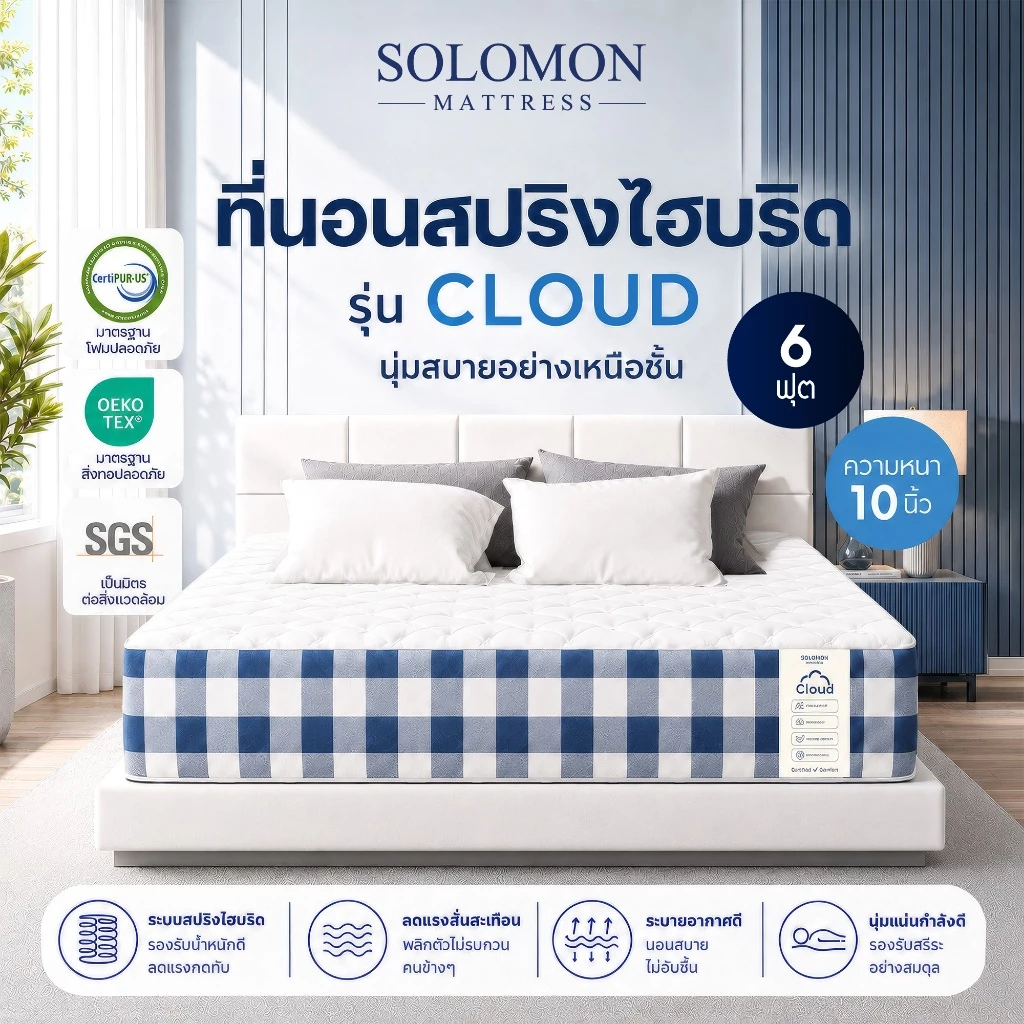 Solomon ที่นอนสปริงไฮบริด รุ่น Cloud ขนาด 6 ฟุต หนา 10 นิ้ว
