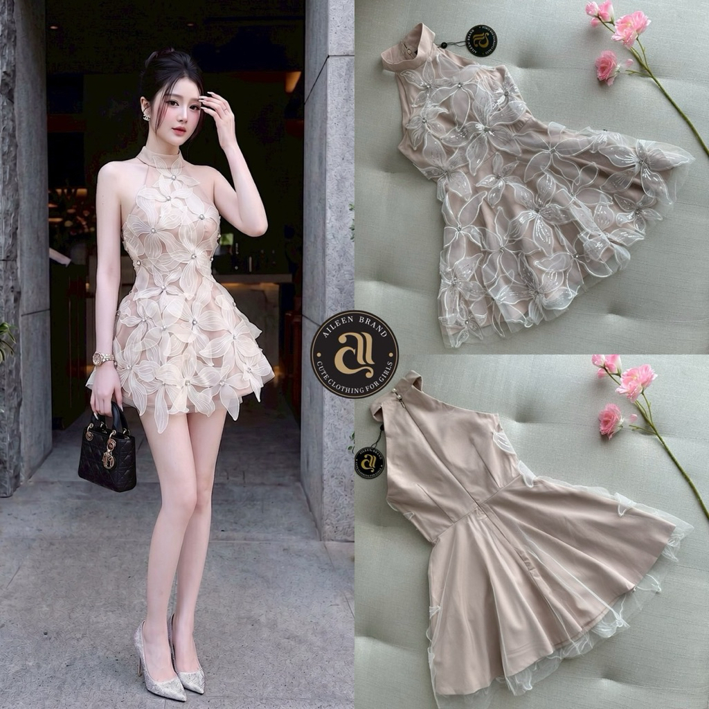 Aileen(เช็คก่อนสั่ง) มินิเดรสสั้นคอปีนแขนกุด ดีไซน์หรูด้วยงานดอกไม้ 3D สีครีม สวยหรูมาก(XS-L)