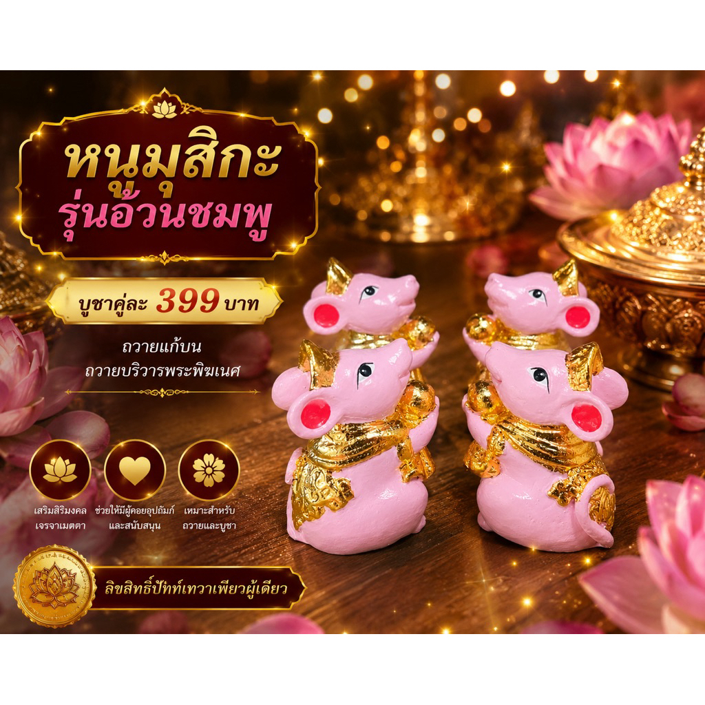 หนูมุสิกะ คู่ละ 399 ถวายพระพิฆเนศ หนูอ้วนปิดทองคำ คู่ละ 399  บาท