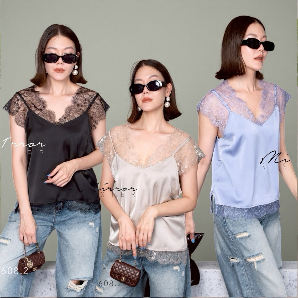 MirrorsisteR 60608.2 เสื้อสายเดี่ยวผ้าซาตินละมุนมาก ดีเทลงานลูกไม้ฉลุ