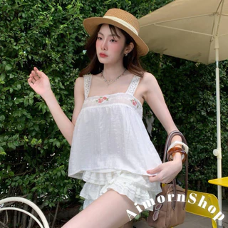 🔥aimorn_shop🔥เสื้อสายเดี่ยวสายแต่งลูกไม้ เดินขอบช่วงอกปักดอกไม้สวยๆ งานผ้าพริ้ว ใส่สบาย