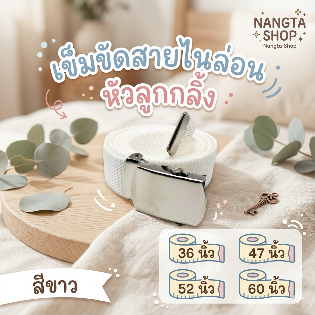 เข็มขัดสายไนล่อน สีขาว หัวลูกกลิ้ง ล็อคอย่างดี