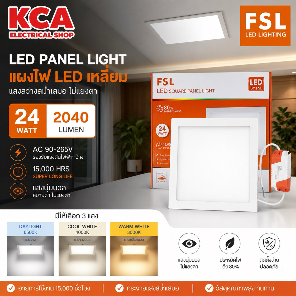 ดาวไลท์ หลอดไฟ FSL LED Panel Downlight 24W ฝังฝ้าหน้าเหลี่ยม ขนาด 12 นิ้ว