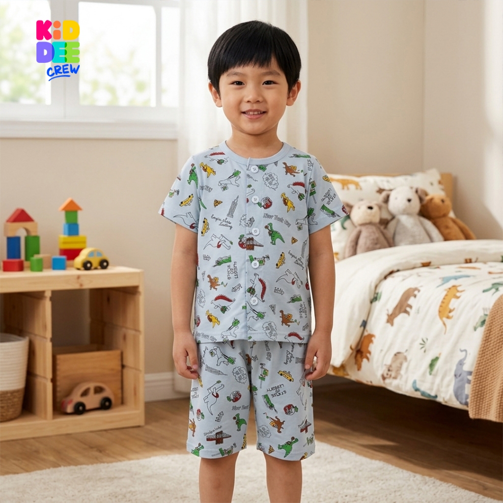 KiddeeCrew ชุดนอนเด็กแขนขาสั้น ผ้าcotton สีฟ้าพิมพ์ลายไดโนเสาร์ เหมาะอายุ1ปีถึง12 ปี
