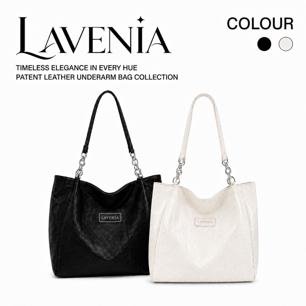 LAVENIA กระเป๋าสะพายไหล่แฟชั่น กระเป๋าโท้ทผู้หญิง ทรงใหญ่จุของได้เยอะ หนัง ผิวเงามี texture สายโซ่สีเงิน สำหรับทำงาน