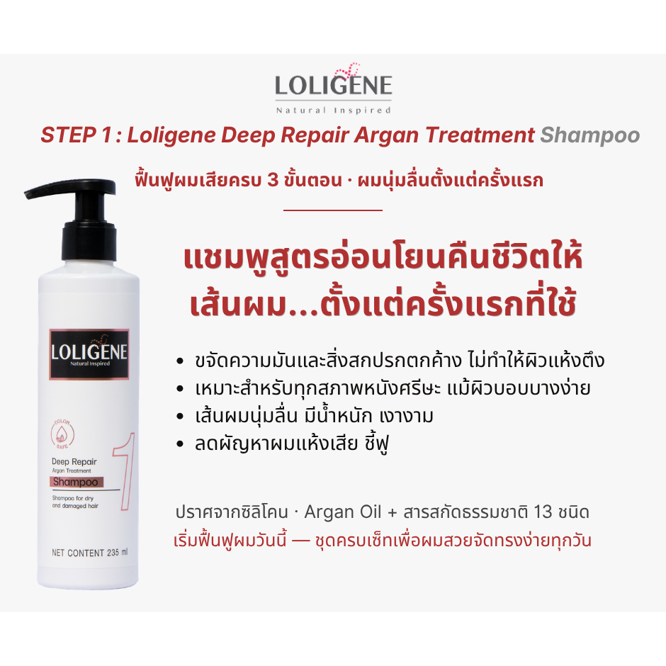 Loligene Deep Repair Argan   Treatment  Shampoo ผลิตภัณฑ์ดูแลเส้นผม ขจัดความมันและสิ่งตกค้างได้หมดจด