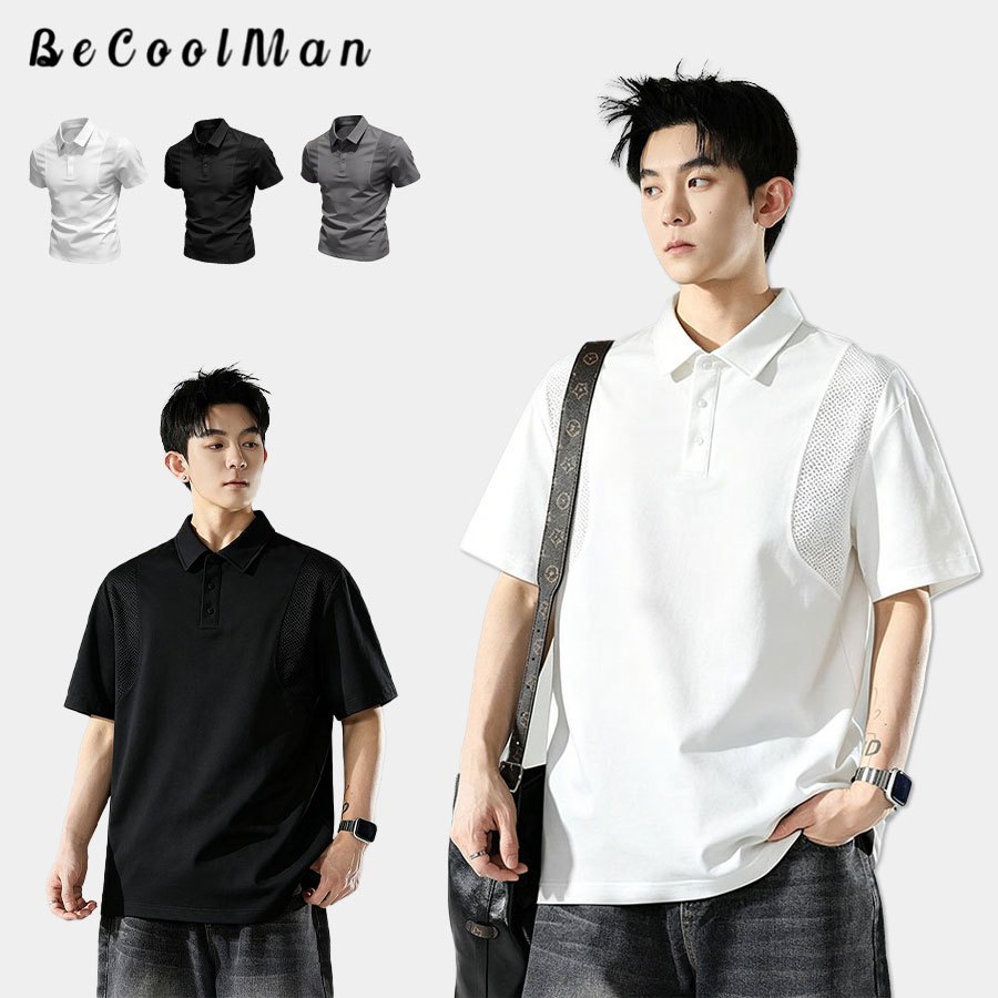 💥BecoolMan💥แบบบางสำหรับฤดูร้อน เสื้อโปโลผู้ชาย รุ่นใหม่ สีพื้น เสื้อยืด การต่อ รูตาข่ายระบายอากาศ รู้สึกเย็นสบาย