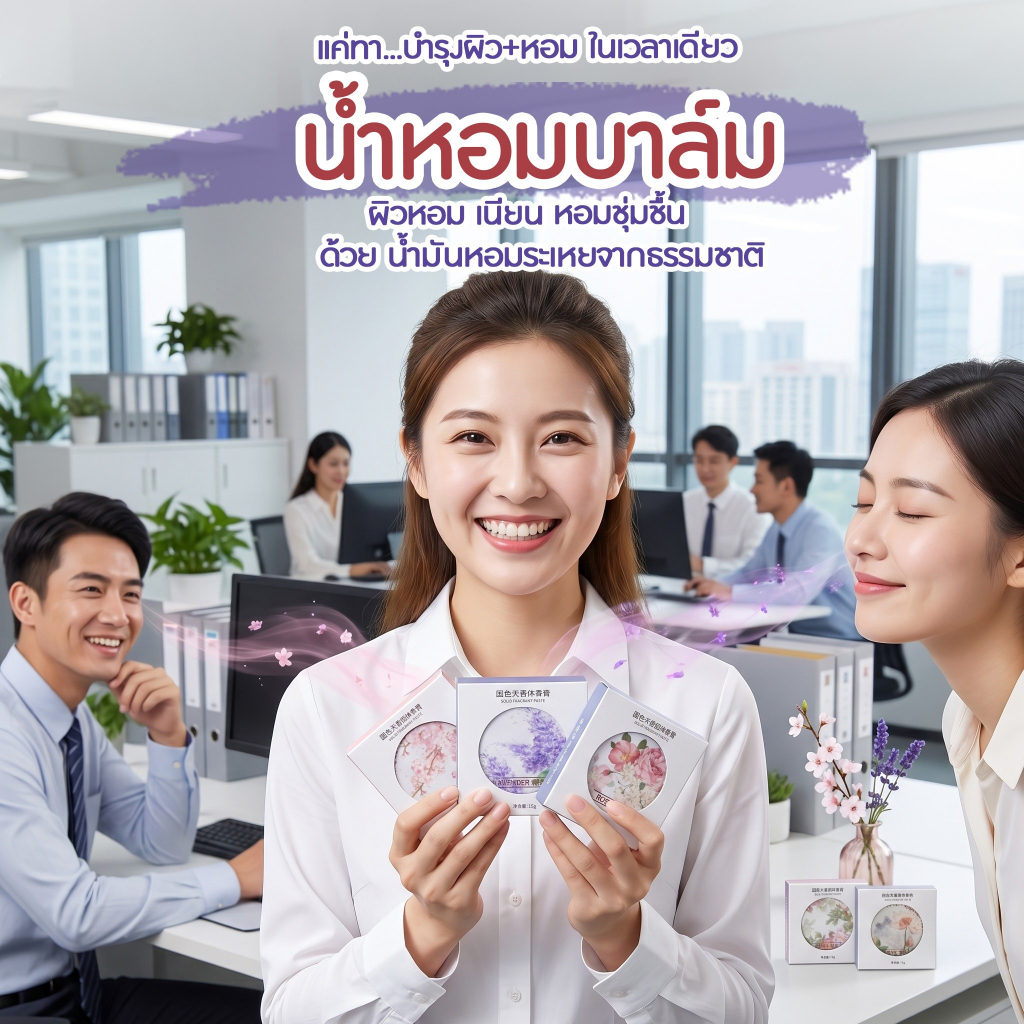 น้ำหอมบาล์ม กลิ่นดอกไม้จากธรรมชาติ กลิ่นหอมละมุน ติดทนนาน ช่วยให้ผิวนุ่ม ชุ่มชื้น ไม่แห้งกร้าน