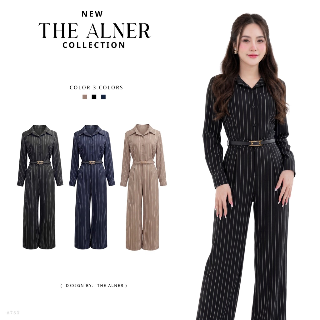 Thealner-AN612 (เซตเสื้อปาดไหล่แขนยาวกางเกงขายาวลายริ้ว)