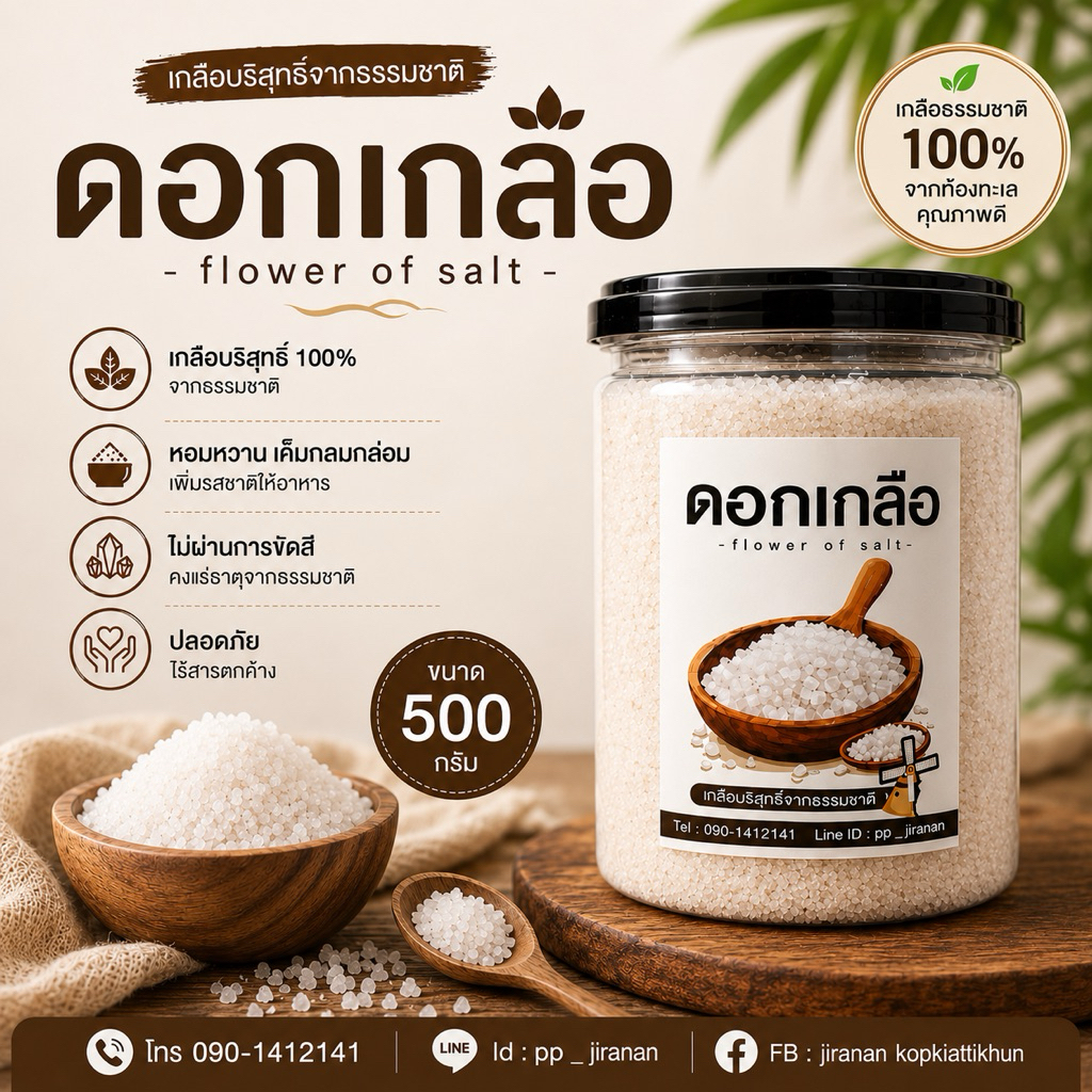 ดอกเกลือสมุทรแท้ จากแม่กลอง กระปุกละ 500 กรัม (ฝาซีลปิดสนิทอย่างดี)