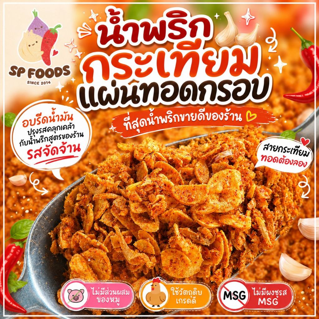 น้ำพริกกระเทียมกรอบ By SP FOODS กระเทียมแผ่นอบกรอบ น้ำพริกรสจัดจ้าน น้ำพริกกระเทียม กระเทียม น้ำพริก