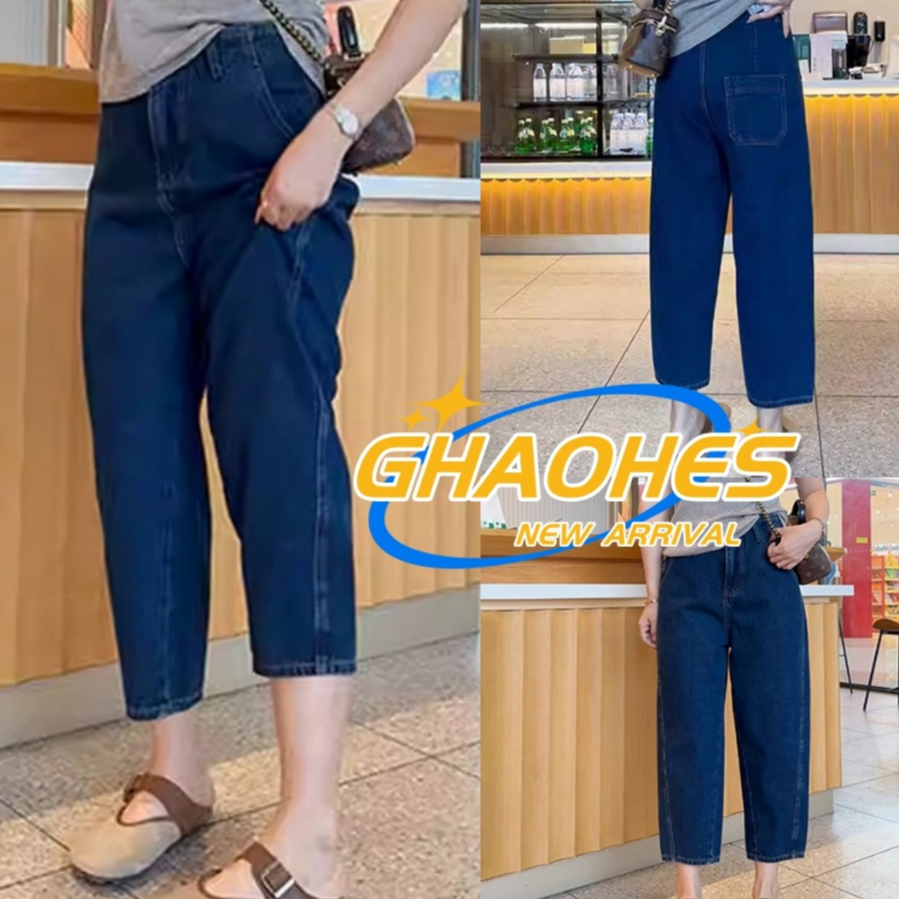 GHAOHES  กางเกงยีนส์เอวสูงสำหรับสาวไซส์ใหญ่ ทรงหลวมดูผอม ใส่สบายตลอดวันV125