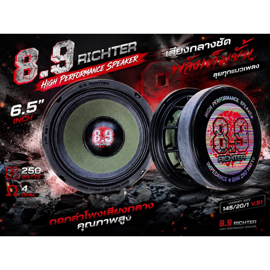 ดอกลำโพงเสียงกลาง 6.5” นิ้ว 4 โอม 250 W (โครงหล่อ) MR 651 8.9 ริกเตอร์  มาใหม่ ราคาต่อคู่