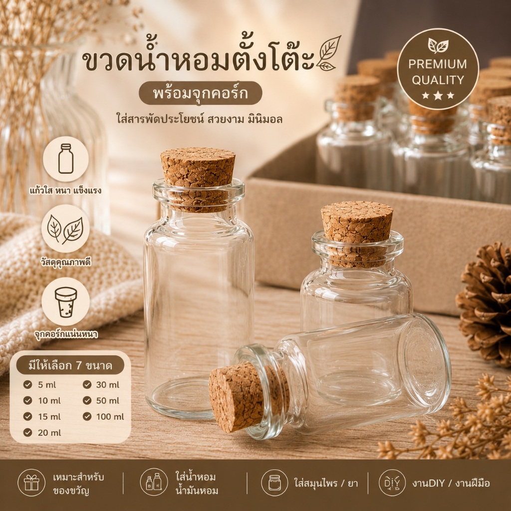 ขวดแก้วฝาไม้ก็อก 5 ml- 100 ml ใส่โค้ด