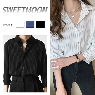 เสื้อเชิ้ตลายทางสีน้ำเงินเข้ม เวอร์ชั่นเกาหลี ทรงหลวม ใส่ทำงาน