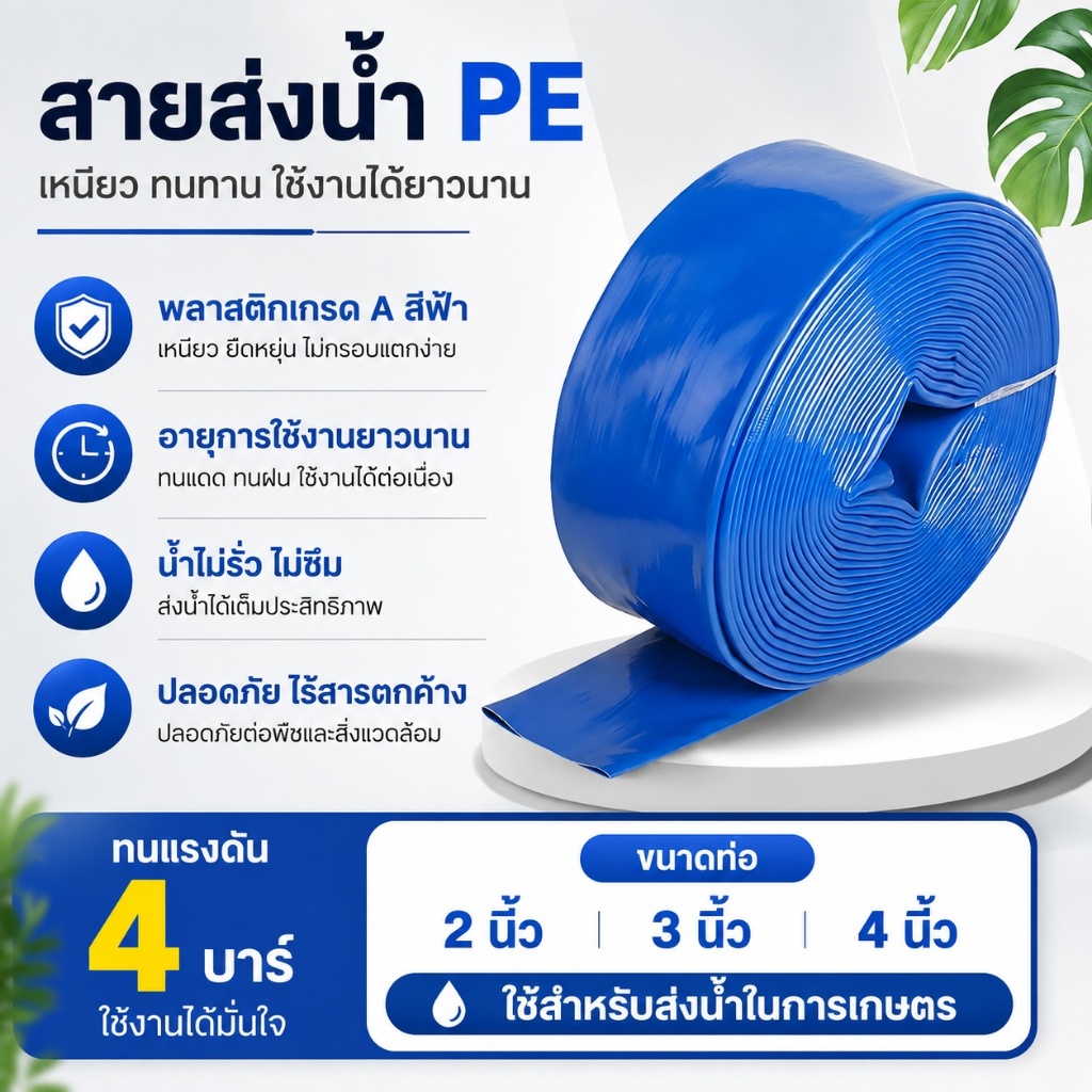 สายส่งน้ำ สายส่งน้ำสีฟ้า สายส่งน้ำPE เคลือบสองหน้า 2นิ้ว 3นิ้ว 4 นิ้ว 10 เมตร 50 เมตร 100 เมตร อุปกร