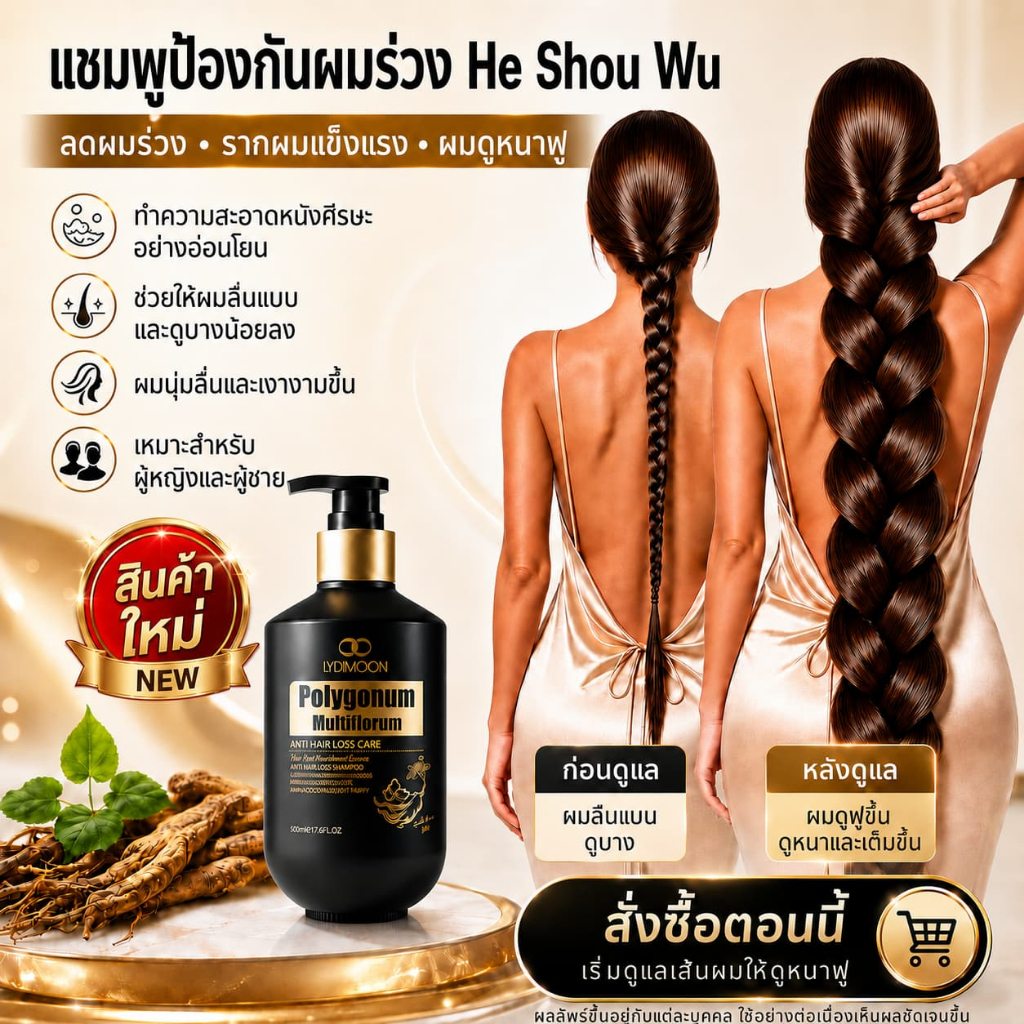 แชมพูโฮ่วโสวู แชมพูสมุนไพรจีน (He Shou Wu) แชมพูแก้ผมร่วง ลดผมร่วง บำรุงรากผมให้แข็งแรง ผมหนานุ่ม ไม่หลุดร่วงง่าย(500ml)