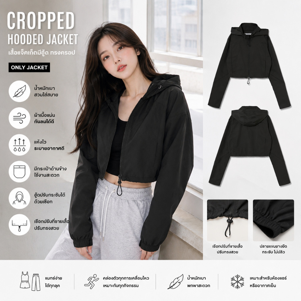 A215 เสื้อแจ็คเก็ตครอปมีฮู้ด เสื้อแจ็คเก็ต เสื้อแขนยาว ครอป สีดำ ผ้าร่มกันลมตัว สไตล์เทคแวร์