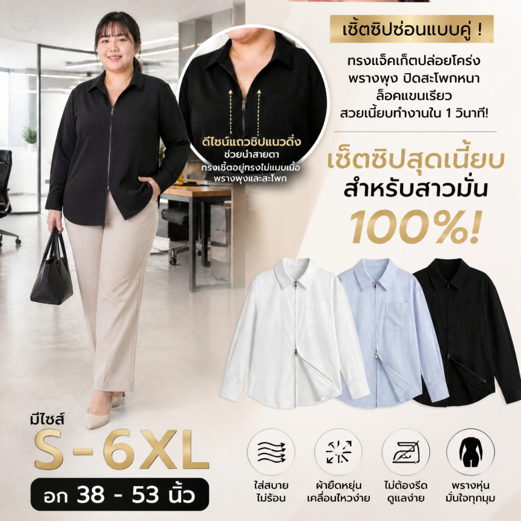 Chic พร้อมส่ง เสื้อเชิ้ต เสื้อมีซิป แขนยาว โอเวอร์ไซส์ ซิปบนล่าง คอปก สไตล์เกาหลี