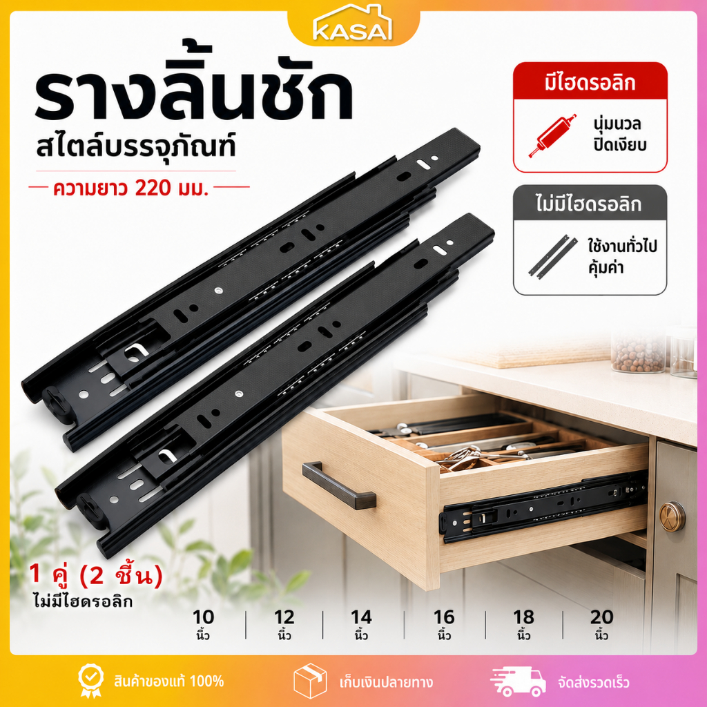 (1คู่) รางลิ้นชักลูกปืน ​รางสไลด์เงียบ​​ สีดำ ขนาด 8.5/10/12/14/16/18.5/20นิ้ว พร้อมสกรู รับน้ำหนัก30kg เงียบทนทาน