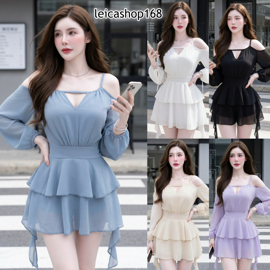 สินค้าพร้อมส่ง ชุดจั๊ม Dress แฟชั่น ออกงาน ผ้าชีฟอง  มีซับใน เว้าไหล่  แขนยาว ซิปหลัง ผูกหลัง ระบายชั้นๆ แมงกระพรุน