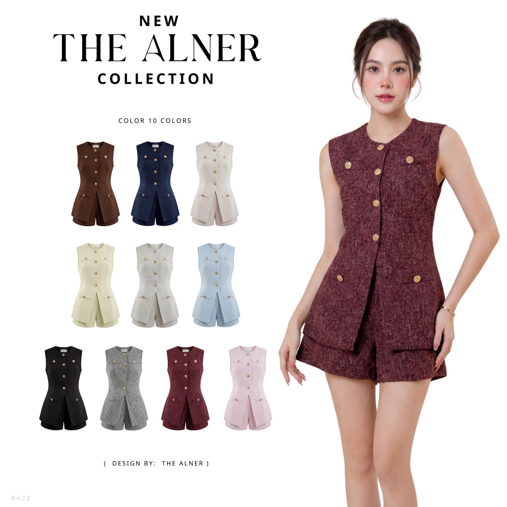 Thealner - Selena suit  AN422 (เซตเสื้อแขนกุดแต่งกระดุมทองกางเกงขาสั้น)