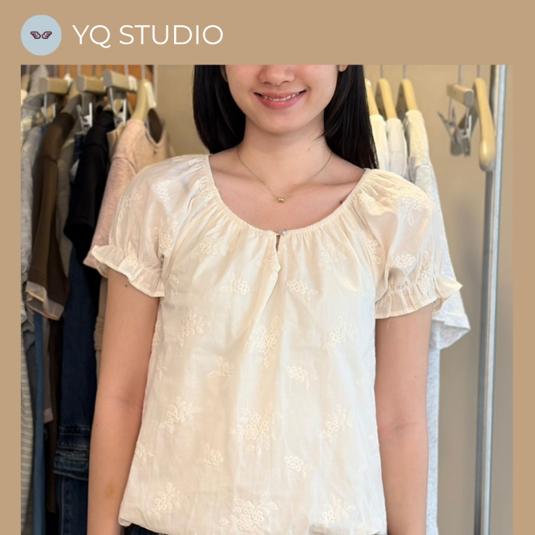 C71 YQ Korean Shop เสื้อกึ่งแขนตุ๊กตาลูกไม้ฉลุ ป้ายYQ