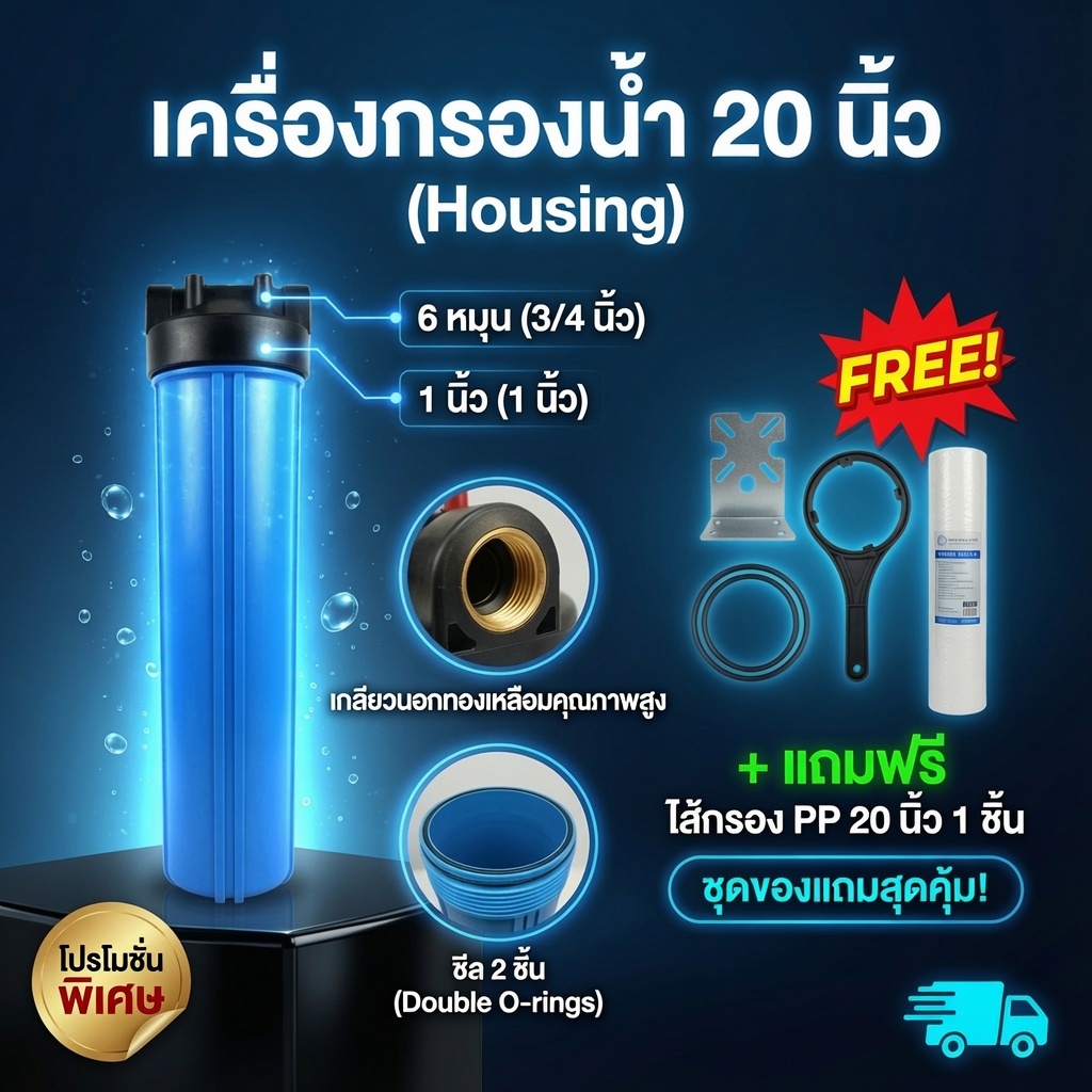 กระบอกกรองน้ำ เครื่องกรองน้ำใช้ Housing ขนาด 20 นิ้ว เกลียว 6 หุน / เกลียว1นิ้ว