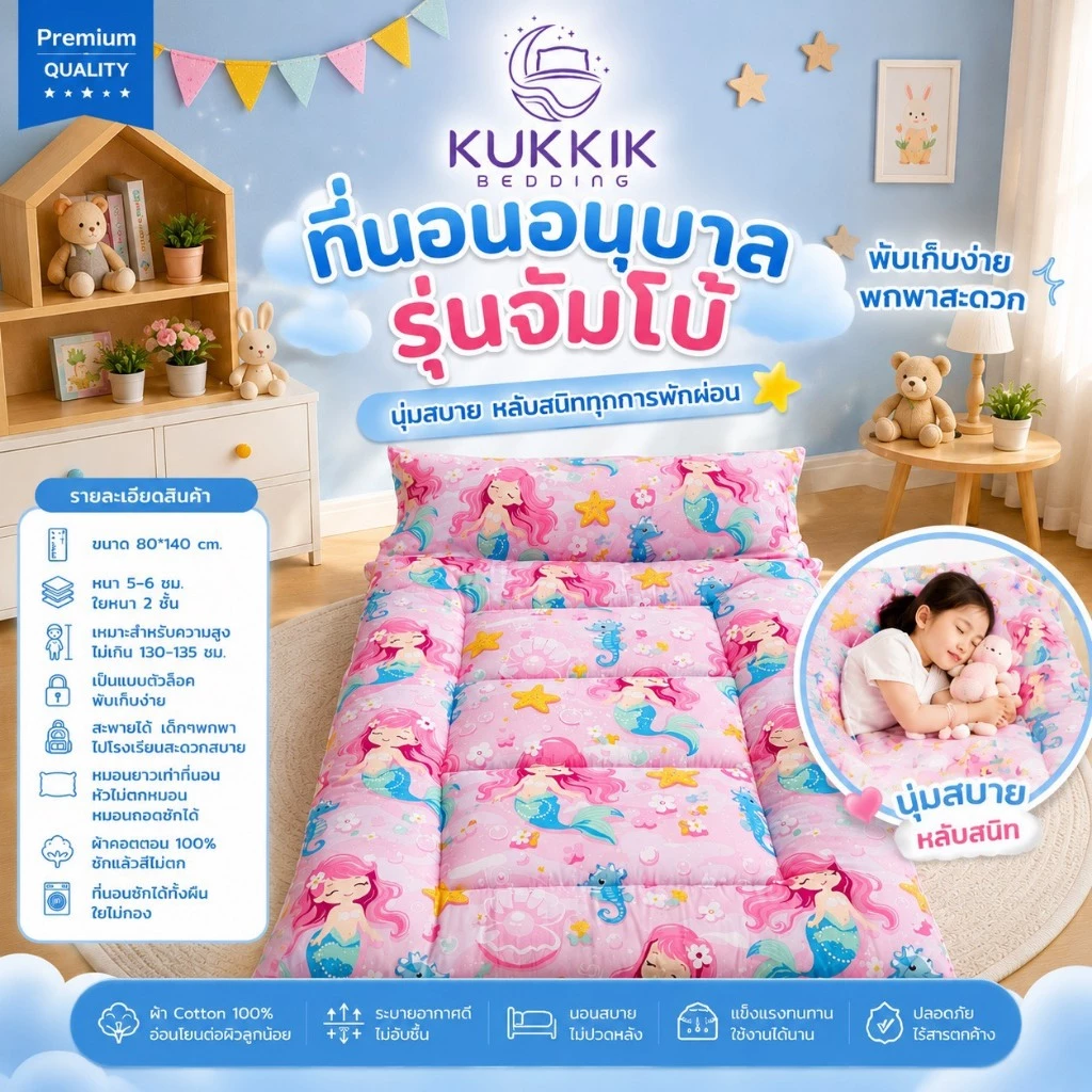 ที่นอนเด็กอนุบาลรุ่นจัมโบ้ 🧸ขนาด 80*140 ซม. หนาพิเศษ ใย 2 ชั้น .💖 สายพับเก็บแบบตัวล็อค พับเก็บง่าย พกพาสะดวก เด็กๆถือได้