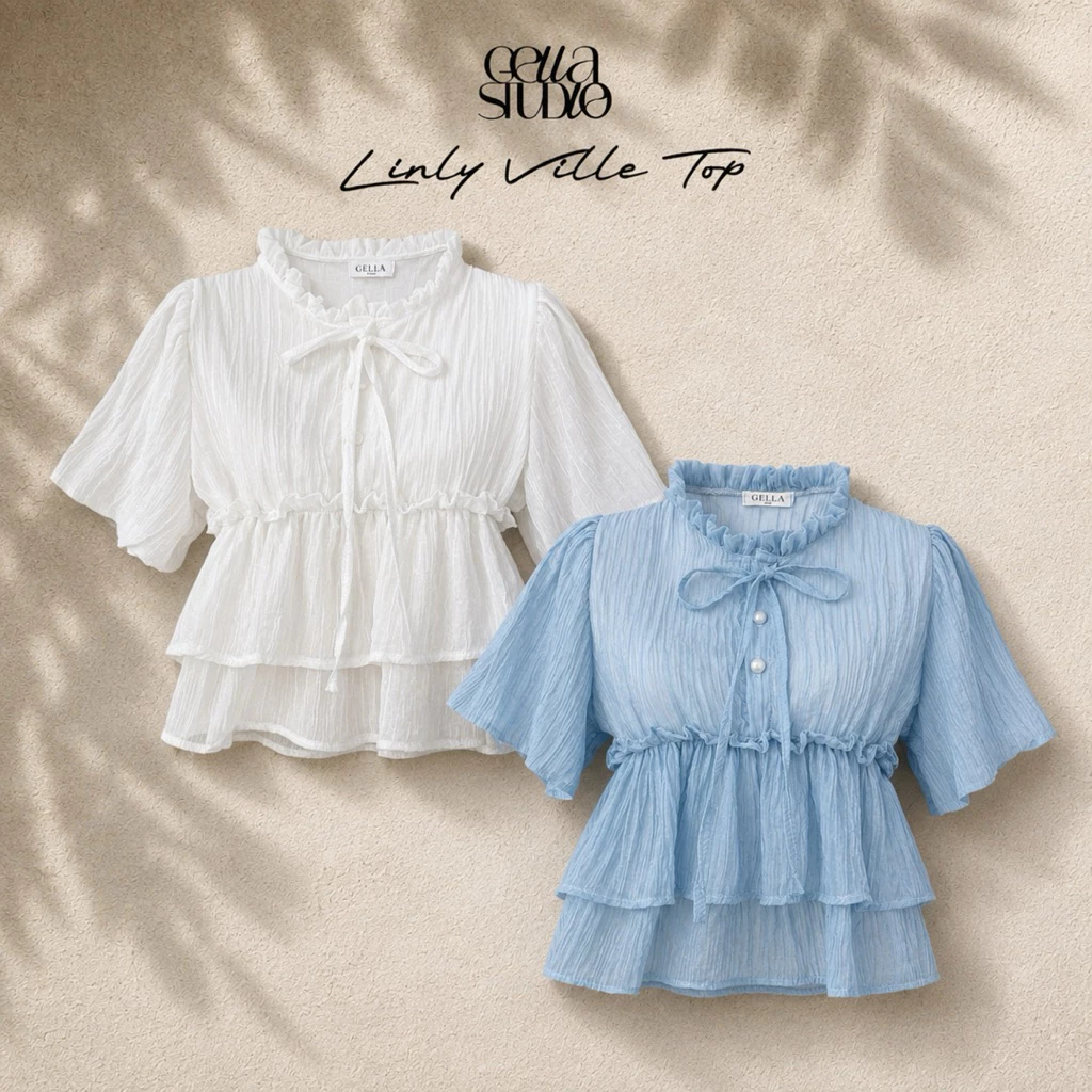 LINLYY TOP-(พร้อมส่ง)เสื้อคอกลมแต่งระบายแขนตุ๊กตา ผ้าโรซี่(GELLA)