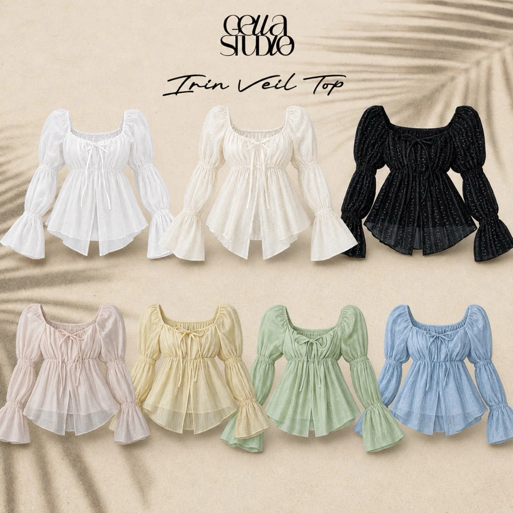 Irin Veil Top-เสื้อแขนยาวทรงyaya คอเหลี่ยมแต่งโบว์ผ้าโรซี่ซับอกผ้าสองชั้น