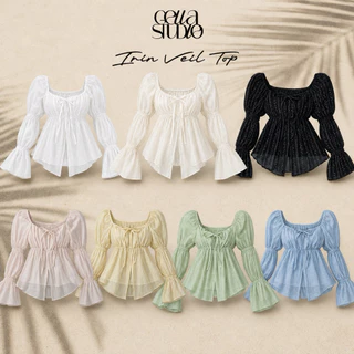 Irin Veil Top-เสื้อแขนยาวทรงyaya คอเหลี่ยมแต่งโบว์ผ้าโรซี่ซับอกผ้าสองชั้น