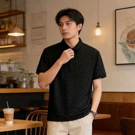 เสื้อโปโลผู้ชายลายปักเต็มตัวสไตล์อเมริกัน สไตล์สตรีทแฟชั่น เสื้อคอปกแขนสั้นสีดำสไตล์สุดเท่