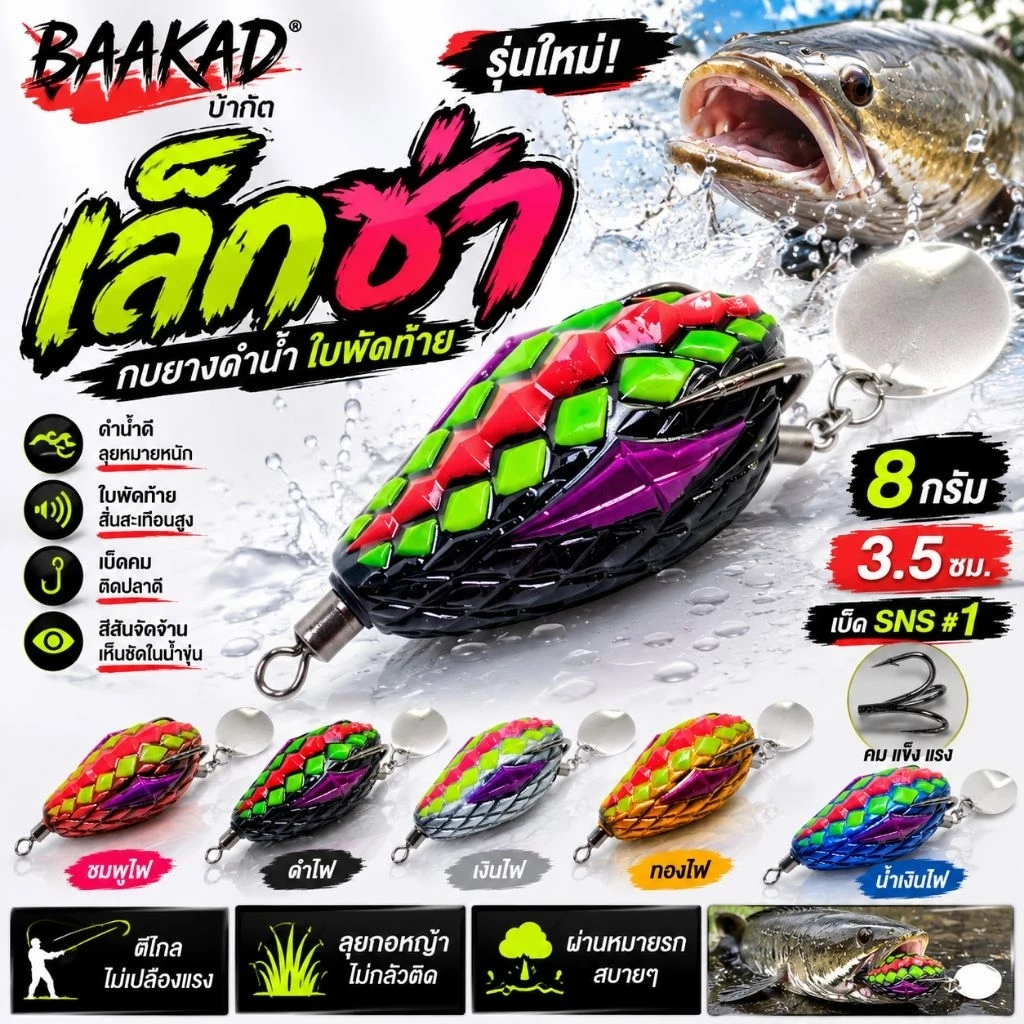 BAAKAD เล็กซ่า กบยางดำน้ำใบพัดท้าย 3.5 ซม. 8 กรัม เบ็ด SNS #1 เหยื่อตกปลาช่อน ปลาชะโด