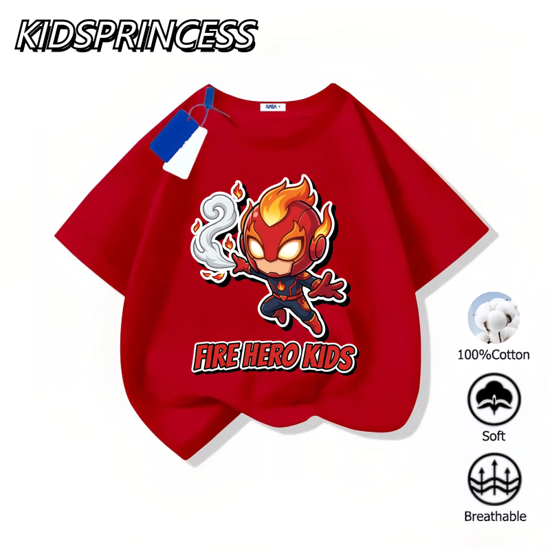 COD เสื้อยืดเด็กผู้ชาย ลายฮีโร่ไฟ Fire Hero Kids สีแดง เสื้อเด็กแฟชั่น แขนสั้น ผ้าคอตตอน นุ่ม ใส่สบาย