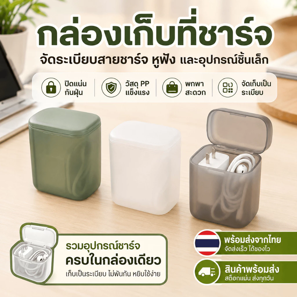 [WEIYI] กล่องเก็บที่ชาร์จ กล่องเก็บสายชาร์จ หูฟัง แบบพกพา ฝาปิดกันฝุ่น จัดระเบียบโต๊ะทำงาน พร้อมส่งจากไทย