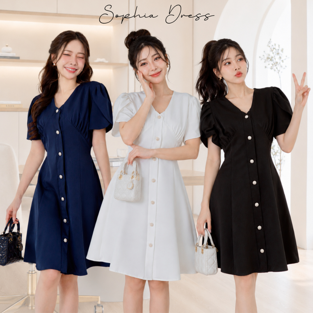 Modish | Sophia Dress | เดรสแขนบัว กระดุมหน้า ทรงเอไลน์ สวยแบบเกาหลีเกาใจ