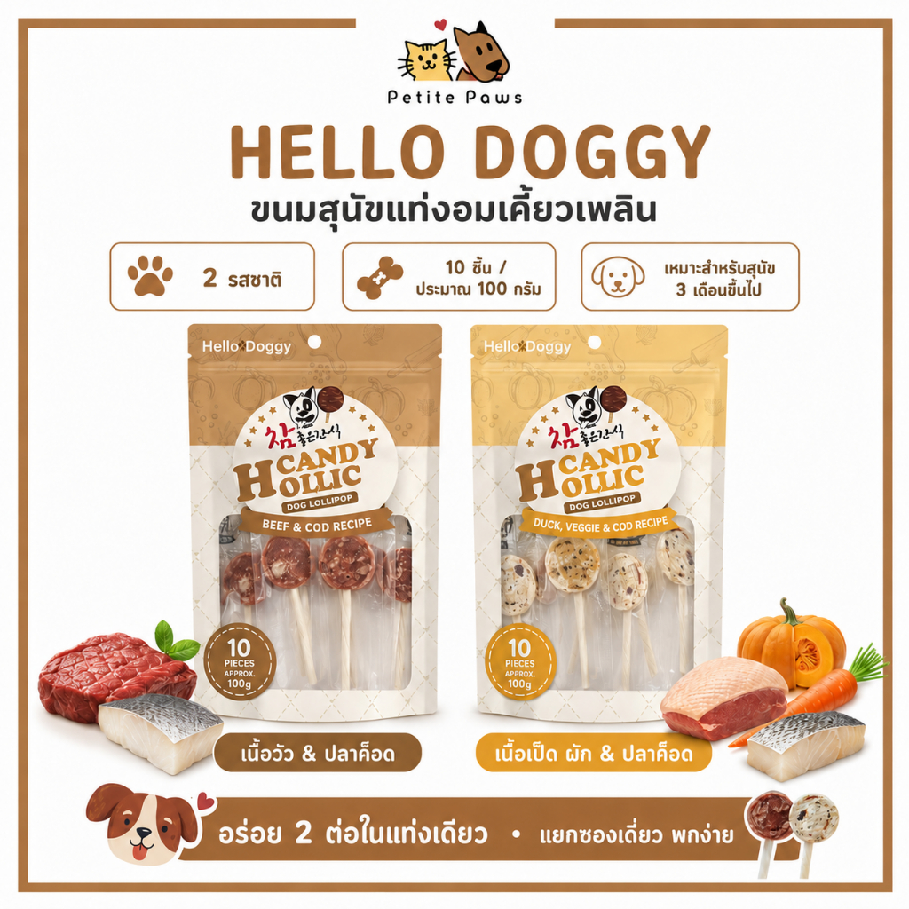 Hello Doggy ขนมสุนัขอมยิ้ม 2 in 1 เนื้อพันแกนหนังวัว ขนมรางวัล 10 ชิ้น 100 กรัม 2 รสชาติ