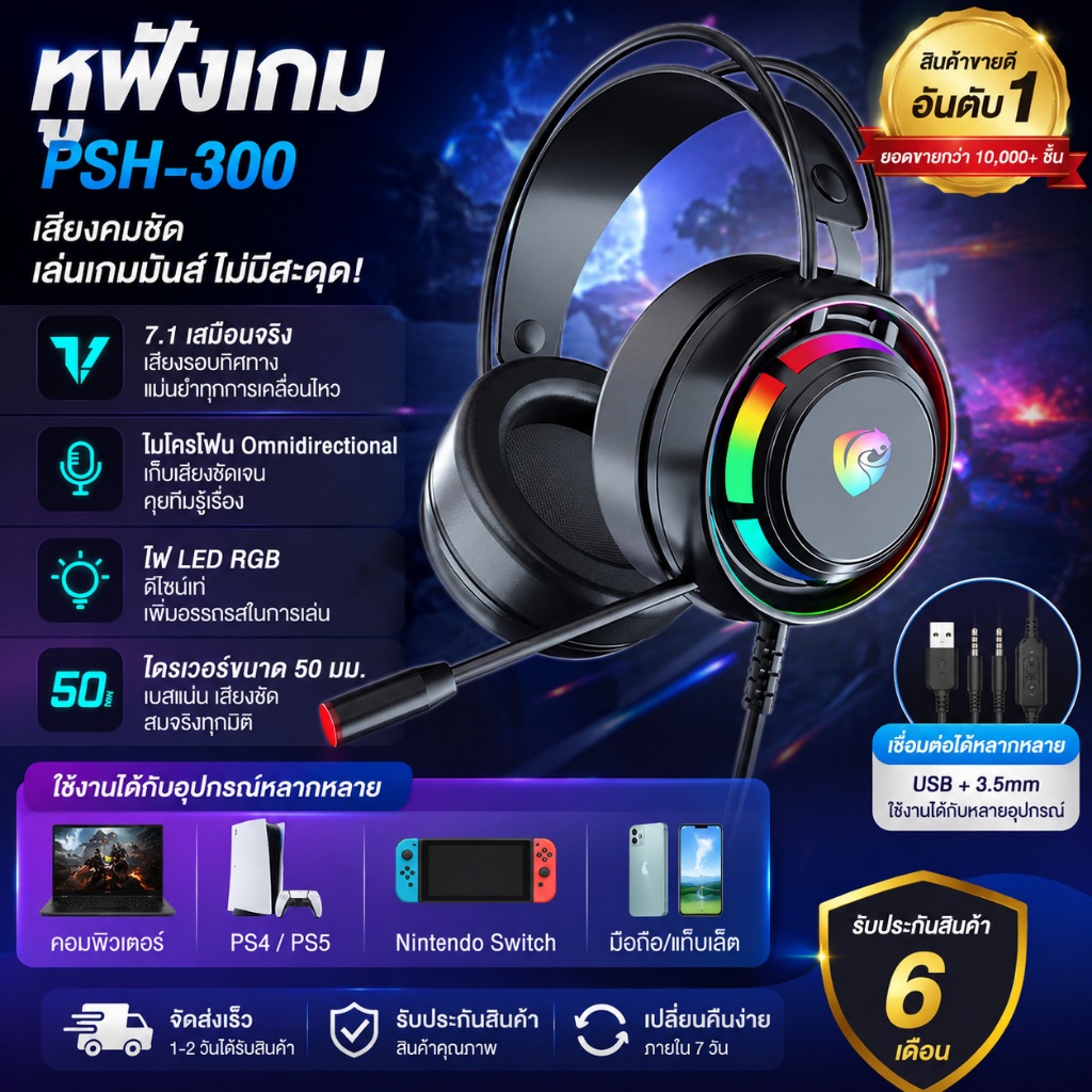 🔥[พร้อมส่ง] หูฟังเกมมิ่ง PSH-300S หูฟังเล่นเกม 7.1 Surround เสียงรอบทิศทาง เบสหนัก ไฟ RGB มีไมค์ สำหรับ PC / Laptop