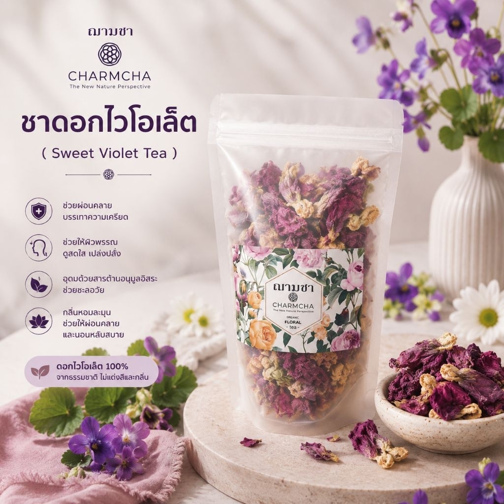 ชาดอกไวโอเล็ต ( sweet violet tea ) สดชื่น ผ่อนคลาย บรรเทาความรู้สึกซึมเศร้า ชาดอกไม้ Charmcha ฌามชา