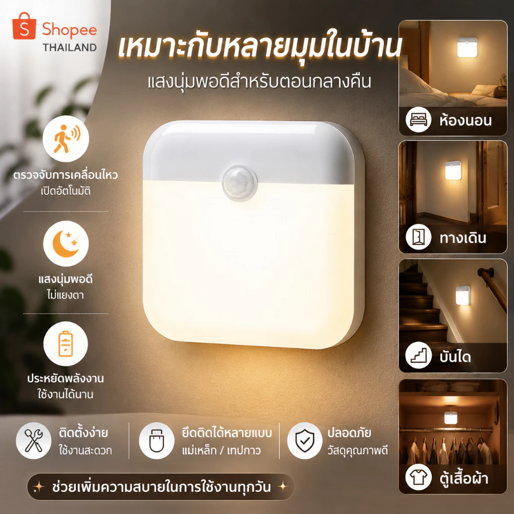 Evora ไฟเซ็นเซอร์ ไฟติดผนังกำแพง led หลอดไฟเซ็นเซอร์ ไฟอัตโนมัติ ไฟติดห้องนอน ไฟติดผนังไร้สาย ไฟบันได