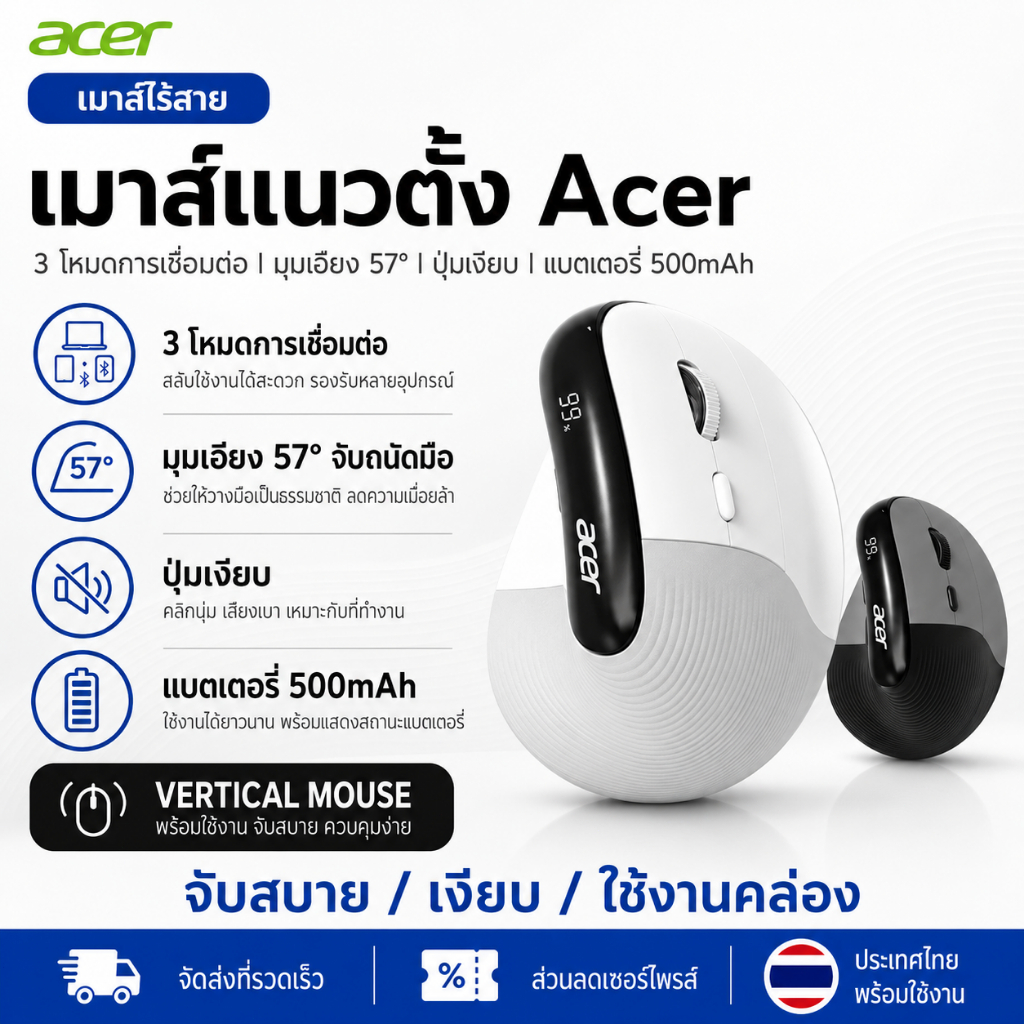 Acer OMR217 เมาส์เออร์โกโนมิกส์ บลูทูธ +2.4g เมาส์ไร้สาย ชาร์จได้ แบต 500 mAh เมาส์ป้องกันเมื่อยล้า