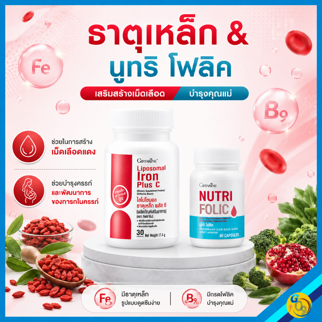 โฟลิค ธาตุเหล็ก ธาลัสซีเมีย โลหิตจาง อ่อนเพลีย วิตามินบี  เสียเลือดมาก กิฟฟารีน giffarine