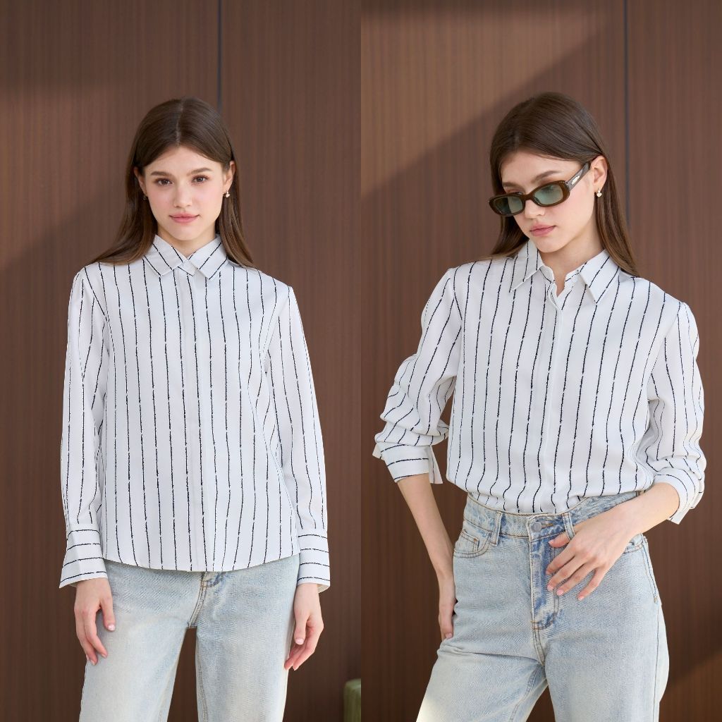 Cheryl brand - Lauren Shirt in White Black Stripe / เสื้อเชิ้ตสีขาวแขนยาว ลายพิมพ์